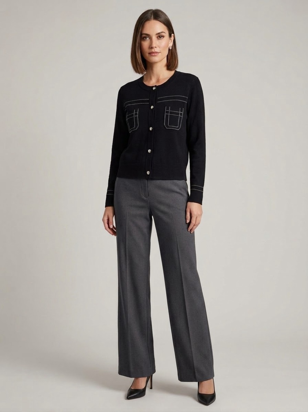 Ellen Tracy Contrast Stitch Knit Cardigan Button Front Sweater Jacket Pocket